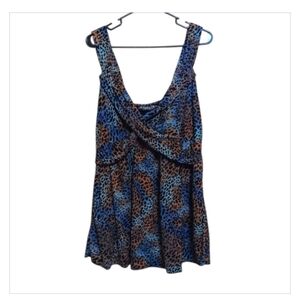 Pyramid Collection Blue Brown Animal Print Stretch Blouse Top